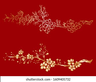 Branch Of Sakura Flower Vector For Printing On Background.Peach Blossom Illustration For Doodle Art.Cherry Blossom With Nature Background.Apricot Flower Set For Tattoo.Japanese Floral Collection.