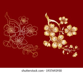 Branch of sakura flower vector for printing on background.Peach blossom illustration for doodle art.Cherry blossom with nature background.Apricot flower set for tattoo.Japanese floral collection.