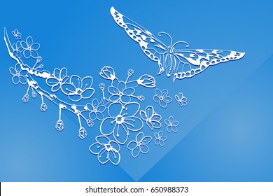 Branch of sakura with flowers and butterfly.Cherry Blossom,sketch on blue background for cards or invitations.Hand draw vector illustration.