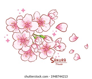 Branch of sakura flowers hand drawn cartoon art illustration