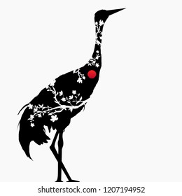 A branch with sakura flowers and a Japanese crane on the background of the red sun. Multi-exposure Sakura and Red - crowned crane. Grus japonensis. Vector. T-shirt print. Spring. Double-exposure