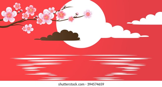 Branch of sakura with flowers on red. Cherry blossom branch against a decline. Sun setting on water. Vector