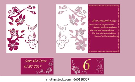 branch sakura. Hummingbird. Laser cutting. Greeting card with flowers sakura. Vector illustration. pink. bird colibri.