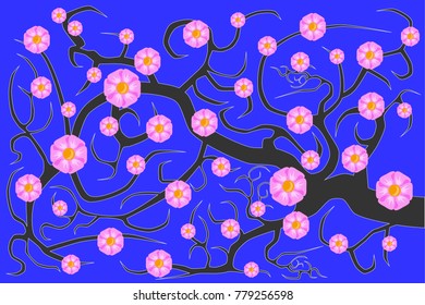 Branch of sakura with lush pink flowers, isolated. Illustration, eps 10