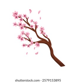 Branch of sakura at spring time. Icon of blossom cherry sprig. Blooming Japanese tree. Asian wood twig with pink flowers. Oriental decoration. Flat isolated vector illustration on white background