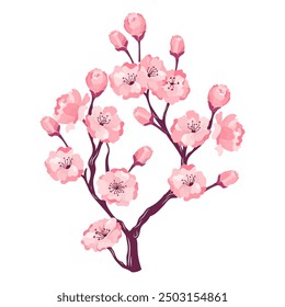 Branch of sakura tender pink flowers illustration. Blooming cherry template and layout. Japanese and asian garden design spring tree blossom. Cartoon flat vector isolated on white background