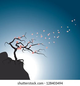 Branch of sakura tree blown by springtime wind