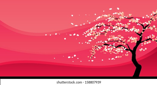 Branch of sakura tree blown by springtime wind with sunset sky