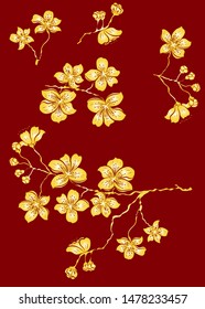Branch of sakura vector set.Golden cherry blossom on red background for Chinese festival.