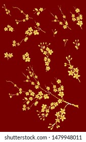 Zweig der sakura Vektorillustration Set.Goldene Kirschblüte auf rotem Hintergrund.Traditionelles Frühlingssymbol in japan.grafische Pfirsichblüte in Form eines Kreises für Hintergründe.