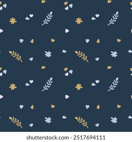 Branch seamless pattern. Cute Seamless pattern of branches and flowers with leaves on a dark blue background. EPS10