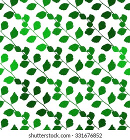 Branch seamless pattern. Green leaves. Diagonal location. White background. Hand drawn. Vector illustration.