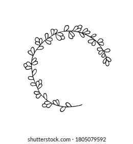A branch in a semicircle. Frame from the plant. Vector doodle illustration. Freehand drawing. Black and white outline