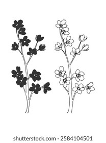 Branch set of blooming cherry in doodle sketch style, contour hand drawing, isolated on white background. Spring sakura.