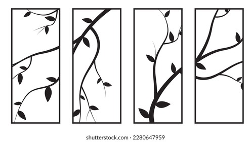 Branch silhouette in four pieces poster design, vector. Tree illustration isolated on white background. Black and white wall decals, minimalist art design, wall artwork. Metal art decoration