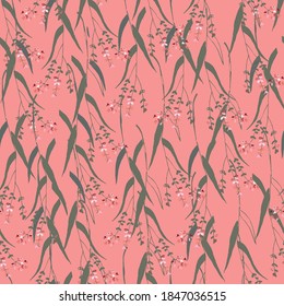 Branch with small flowers on a pink background, handmade, vector pattern, design for all prints, fabric, textile, paper