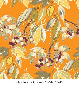 Branch sorbus with decorative leaves. Vetor seamless pattern on yellow background.