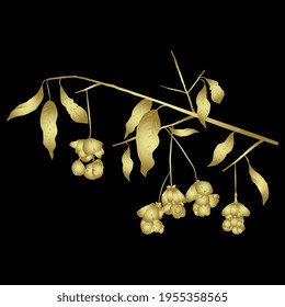Branch of spindle tree (Euonymus europaeus) with leaves and berries. Golden glossy silhouette on black background. svg