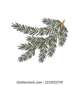 Branch of spruce pine is fluffy with green needles, for decoration for the holiday. Vector clipart, isolated illustration on a white background for decorating postcards, banners, leaflets