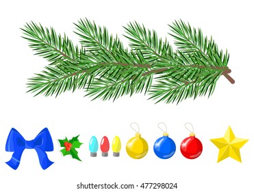 A branch of spruce, various decorations for Christmas and New Year