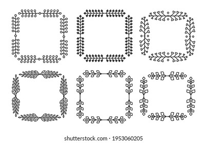 Branch square line set. Flourish retro ornament divider. Herbal ornate doodle design elements. Vintage botanical border. Wedding invitation, greeting card, scrapbook stamp, winner wreath floral decor