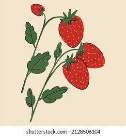 Una rama de fresas sobre un fondo claro. Cosecha en el jardín o bosque. Deliciosa comida dulce, tentempiés, postre. Dibujado a mano. Diseño plano, dibujos animados, ilustración vectorial.