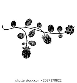 Branch of strawberry plant with berries, leaves and a flower. Illuminated manuscript floral motif. Black and white negative silhouette.