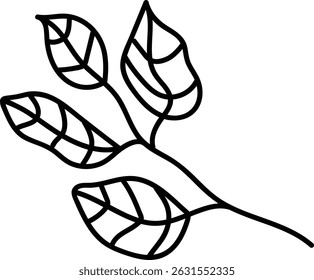 Um ramo com folhas estilizadas desenhadas em linhas negras. As folhas têm padrões geométricos que criam uma aparência moderna. Ilustração de vetor de desenhos animados.