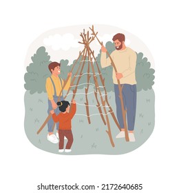 Branch teepee isolated cartoon vector illustration. Father with kids building teepee of branches, campsite activity, family camping adventure, summer holiday, hut for children vector cartoon.