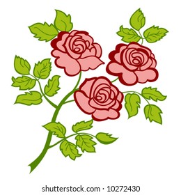  Branch with three pink roses on  white background.