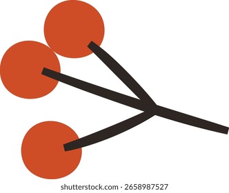 A branch with three round berries in a flat, geometric style. Simplified shapes create a modern and clean look. Cartoon vector illustration.