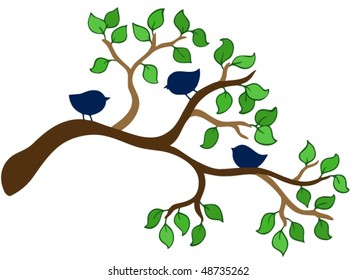Branch with three small birds - vector illustration.