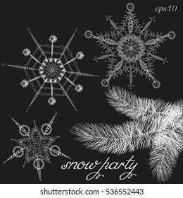 Branch and three snowflake invitation
Flyer design abstraction author of the idea of the crystal water openwork ornament holiday handmade print white object text vector illustration eps10 stock