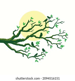 branch tree with birds and moon vector illustration