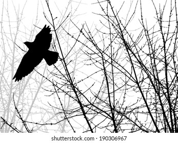 Branch of a tree with flying birds. Vector 