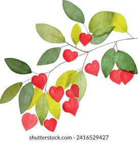 
Una rama de un árbol con frutos en forma de corazones. Imagen de acuarela romántica para el Día de San Valentín.