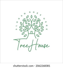 branch tree house green negative space logo vector icon