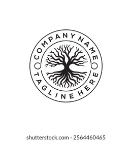 branch tree root banyan stamp seal emblem label logo design vector template