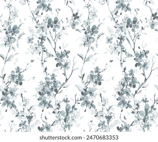 branch tree vector illustration summer clipart nature forest, Background cherry blossom spring flower Japan, Branch of blooming sakura with blue flower.