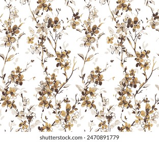 branch tree vector illustration summer clipart nature forest, Background cherry blossom spring flower Japan, Branch of blooming sakura with dark yellow flower.