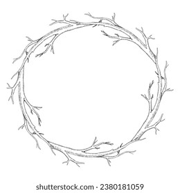 Branch tree wreath. Vector illustration of dry leaf less twig. Hand drawn graphic clipart on isolated background. Linear drawing of round frame border. Outline sketch of stick. Black contour line art svg