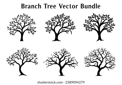 Branch Trees Vector Black Silhouettes, Set of Branch Tree icon clipart isolated on a white background
