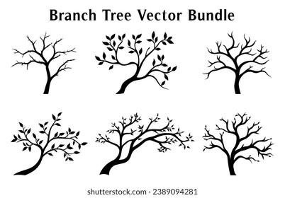 Branch Trees Vector Black Silhouettes, Set of Branch Tree icon clipart isolated on a white background