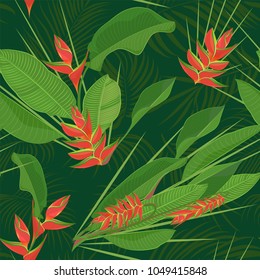 Branch tropical heliconia flower leaves seamless background. Watercolor realistic drawing in flat color style. isolated on white background. Vector illustration