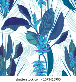 Branch tropical heliconia flower leaves seamless background. Watercolor realistic drawing in flat blue color style. isolated on white background. Vector illustration