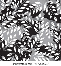 branch Tropical leaves hand drawn seamless pattern on grunge background. gray color nature leaves seamless pattern illustration. tropical wallpaper. nature background. nature ornaments. summer