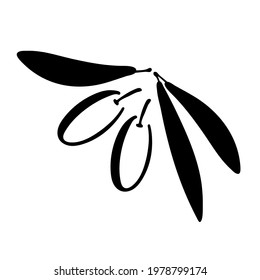 Branch with two olives and leaves. Black and white silhouette. Branch with two berries and three petals. Flat design style for menu, cafe, restaurant, poster, banner, label, sticker.