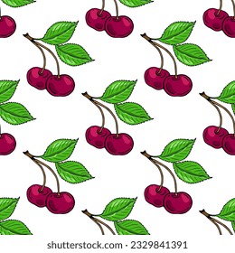 Сherry branch, two red cherries and green leaves. Seamless pattern. Vector illustration.