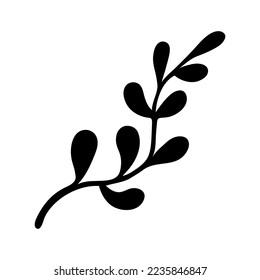 Branch vector icon. Black silhouette of a twig with leaves. Hand drawn illustration isolated on white. Shrub sprig, algae or vine. Wild forest plant, tree stick. Clipart for cards, cosmetics, logo