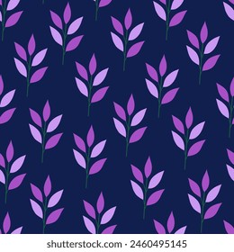 Branch with violet leaves, seamless pattern on a dark blue background. Meadow and field plants. Floral summer vector illustration. Spring botanical print, modern style design